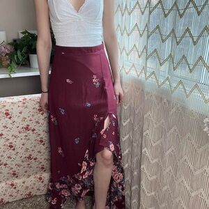 Miami Red Floral Ruffle Tiered Slit Long Skirt